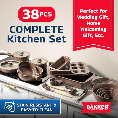 Bakken Master 38 Piece Granite Cookware and Bakeware Set – Nonstick Granite Coating, Pots and Pans with Detachable Handles and Tempered Glass Lids, 6-piece Bakeware set, 12-piece Mixing Bowls,Brown