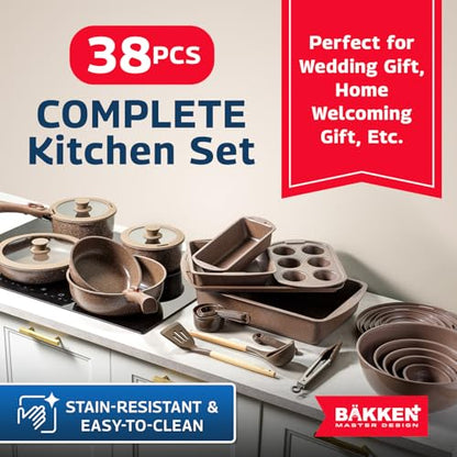 Bakken Master 38 Piece Granite Cookware and Bakeware Set – Nonstick Granite Coating, Pots and Pans with Detachable Handles and Tempered Glass Lids, 6-piece Bakeware set, 12-piece Mixing Bowls,Brown