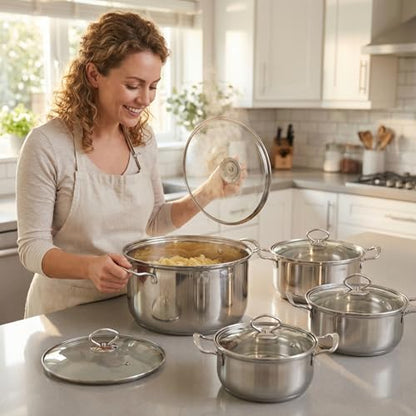 5 Piece Stainless Steel Cookware Set - Tempered Glass Lids, Ergonomic Handles & Thickened Base - Compatible with Gas, Electric, Halogen, Ceramic & Induction Hobs (Gold Handle)