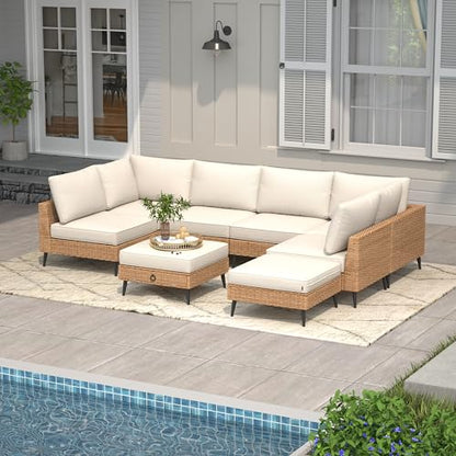LVUYOYO 8 Pieces Outdoor Patio Furniture Set, Wicker Sectional Sofa Set for All-Weather, Rattan Conversation Sets with Cushions and Storage for Deck, Backyard, Porch (Khaki)
