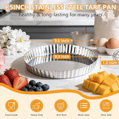 TeamFar Tart Pan, 9.5 Inch Stainless Steel Round Tart Pie Pan, Metal Quiche Baking Dish with Fluted Side for Baking Fruit Tarts, Quiches, Pies, Mousse Cakes, Heavy Duty & Dishwasher Safe