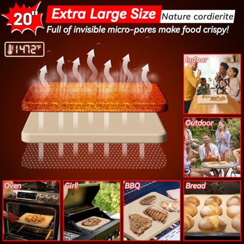Gyreuni 4 PCS Rectangle Pizza Stone Set, 20" Large Pizza Stone for Oven and Grill with Pizza Peel, Pizza Cutter & Brush, Baking Stone for Pizza, Bread,BBQ