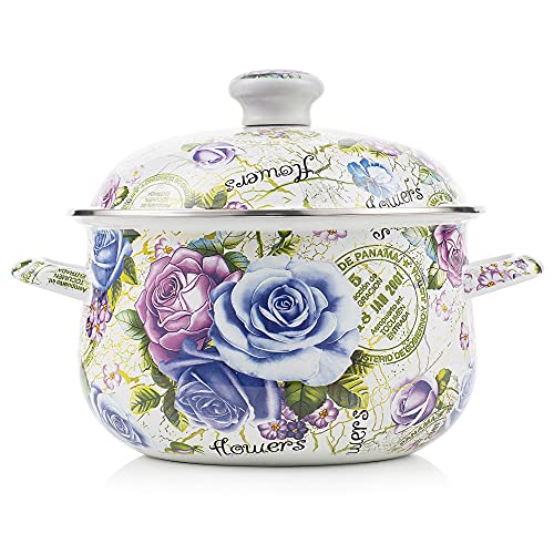 Retro 5QT Flower Enamel on Steel Stock Soup pot with Lid, Stockpots for Cooking,Retro Classic Design