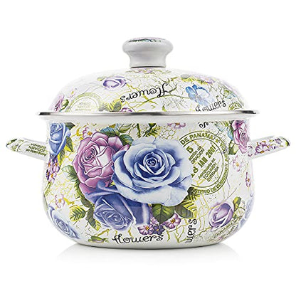 Retro 5QT Flower Enamel on Steel Stock Soup pot with Lid, Stockpots for Cooking,Retro Classic Design