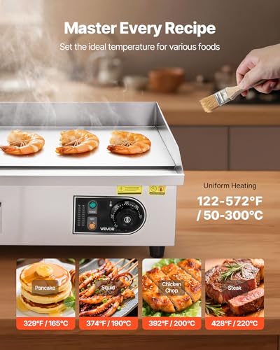 VEVOR Commercial Electric Griddle, 1750W, 122-570°F Adjustable Temp Control, Stainless Steel Countertop Flat Top Grill with 2 Spatulas, 2 Brushes and 4 Foot Pads, for Steak, Pancake