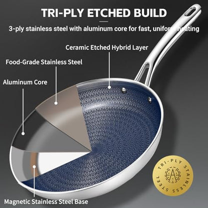 Ammeloo Hybrid Tri-Ply Stainless Steel Frying Pan Set, 8"/9.5"/11" Cooking Pans, Non Stick Frying Pans and Skillets, Chef Pan, Non Toxic, Dishwasher Safe, Induction Compatible, Blue Interior