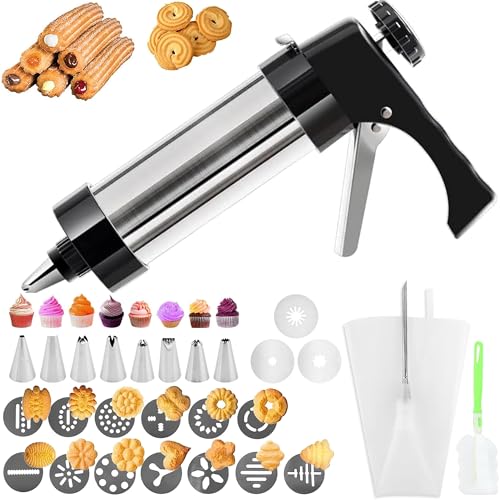 Stainless Steel Spritz Cookie Press Gun Kit, with Piping Bag, 8 Piping Nozzles, 13 Cookie Discs and Cleaning Brush, 3-in-1 Multifunctional Cookie Press