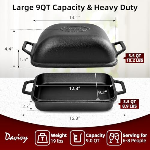 Davivy 9QT Pre-Seasoned Dutch Oven for Sourdough Bread, Non-stick Cast Iron Sourdough Bread Loaf Baking Pan, Large Capacity Cast Iron Loaf Pan, with Silicone Oven Mitts