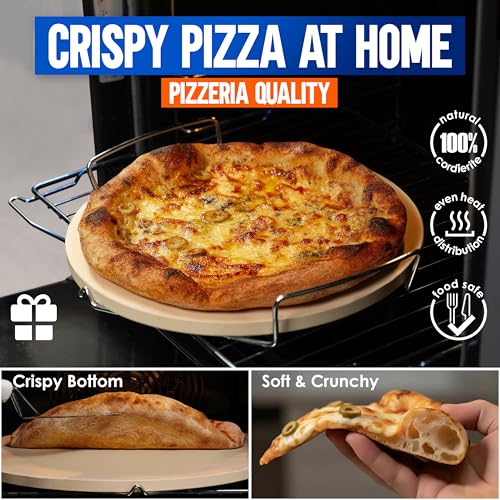 KitchenStar 12-inch Pizza Stone for Oven and BBQ Grill with Handles, Round, 5/8" Thick - Natural Cordierite, 1800 °F Resistant, Baking Stone Set with Stainless Steel Rack & Plastic Scraper Tool
