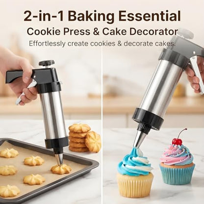 Stainless steel cookie press, cookie press gun set with 13 cookie press plates, a sponge brush and 8 piping nozzles, ideal for DIY Christmas cookies and decorative cookie nozzles, gift for women