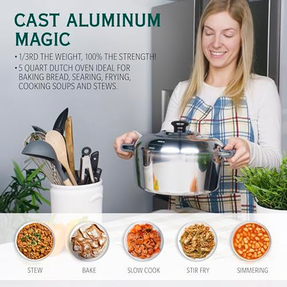 Magnaware Cast Aluminum Dutch Oven with Lid - 5 Quart Lightweight Cookware Pot with Silicone Covers for Easy Handling - Even Heat Distribution & Retention - For Bread Baking, Stew, Simmering & More