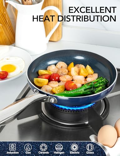 MICHELANGELO Small Frying Pan - 8 Inch Nonstick Frying Pan with Lid, Non-Toxic Omelette Pan with Stainless Handle, Nonstick Skillet, Blue-Ceramic