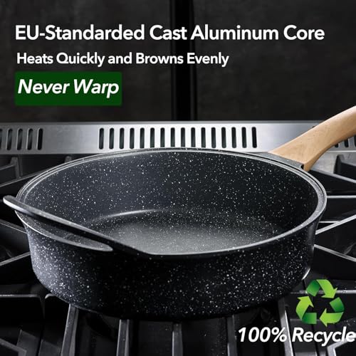 AnimoZest Nonstick Deep Frying Pan with Lid, 5.3 QT Swiss Granite Coating Sauté Pan, 13 Inch Healthy Non Stick Skillet Cooking Pan and Helper Handle with Silicone Cover, PFOA Free, Induction Ready.