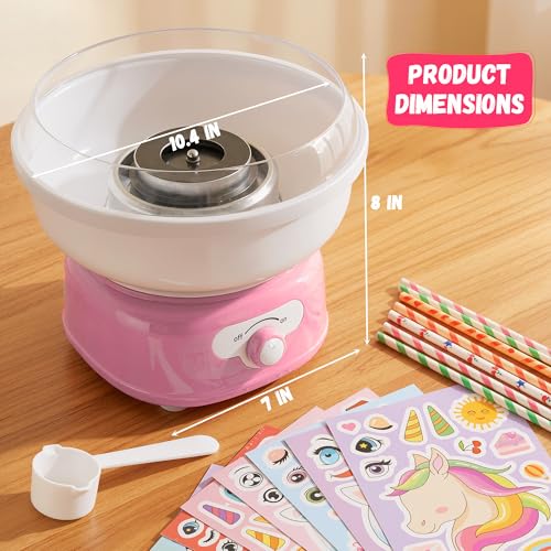 Cotton Candy Machine, Cotto Candy Maker for Kids with Cartoon DIY Stickers, 6 Paper Cones & Sugar Scoop, Homemade Candy Machine for Birthday, Party Gatherings,Christmas Halloween Gift, Pink (M.20)