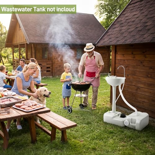 Outvita Portable Camping Sink w/ 19L Water Tank Rolling Wheels Towel Holder Soap Dispenser Faucet, Outdoor Foot Pump Washing Station for RV Boat Travel Picnic Worksit