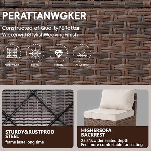 PAIQIAN 5 Piece Patio Furniture Set, Wicker Outdoor Sectional, Beige/Brown
