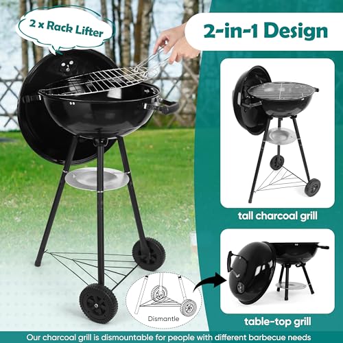 HaSteeL 18 Inch Charcoal Grill, Black Kettle Outdoor Barbecue Grill, 2-In-1 Portable BBQ Grill with Wheels for Camping Backyard Patio Picnic, Porcelain-Enameled Lid & Fire Bowl, 254.SQ.IN Cooking Area