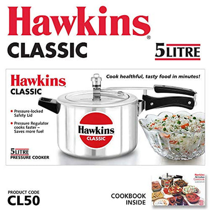 Hawkins Classic Aluminum Pressure Cooker, 5 L, Silver