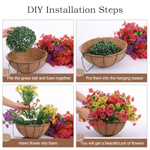 Hananona 2 Set Artificial Outdoor Flowers with Hanging Basket, 2 Hanging Planters with 24 Pcs Flowers for Spring Summer Front Porch Garden Patio Home Decor (2, Red, Purple, Yellow, Rose Red)