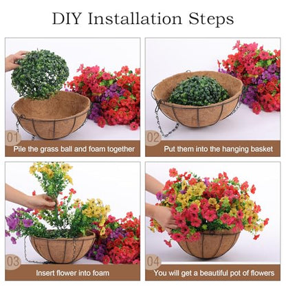 Hananona 2 Set Artificial Outdoor Flowers with Hanging Basket, 2 Hanging Planters with 24 Pcs Flowers for Spring Summer Front Porch Garden Patio Home Decor (2, Red, Purple, Yellow, Rose Red)