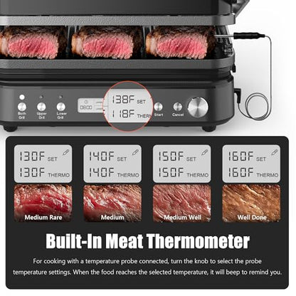 CATTLEMAN Panini Grill Press Sandwich Maker with Removable Plates, 1600W, 6 in 1 Waffle Maker & Electric Indoor Grill with Meat Thermometer, PFAS Free Ceramic Nonstick Reversible Plates, Opens Flat