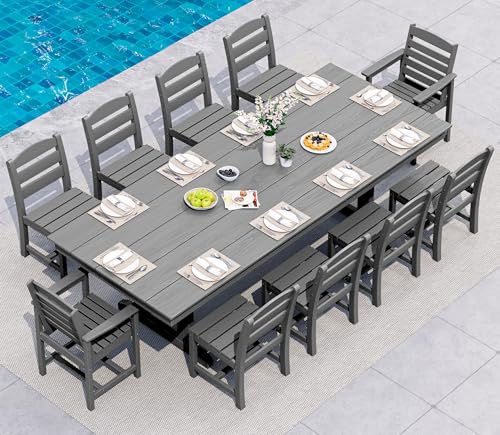 SERWALL Outdoor HDPE Dining Chairs Set of 2 with Arms & Widended Seat,Gray