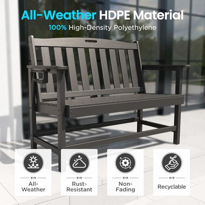 PHI Villa 50 Inches HDPE Outdoor Bench Weatherproof Garden Bench with 700 lbs Capacity, 2-Person Patio Benches for Outside, Park, Yard and Porch, Black