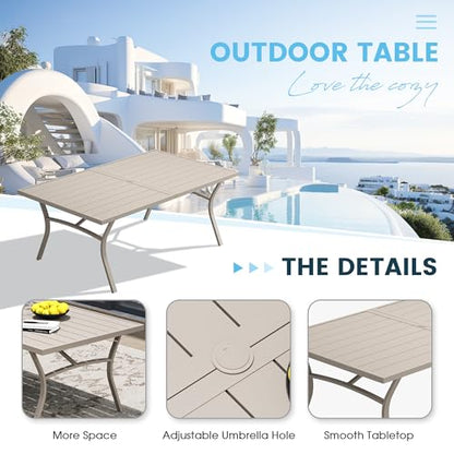 VOXBIN 9 Pieces Patio Dining Set, 71" Rectangular Dining Table with Umbrella Hole, 8 Stackable Textilene Fabric Chairs, Metal Structure for Patio, Porch, Garden(Sand Table, Sand Chair)