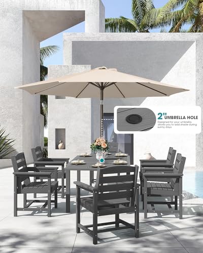 SERWALL 9-Piece Outdoor Dining Set, 60" - 83" Expandable Outdoor Dining Table and 8 HDPE Chairs, All Weather HDPE Outdoor Furniture Set for Backyard, Garden, Grey