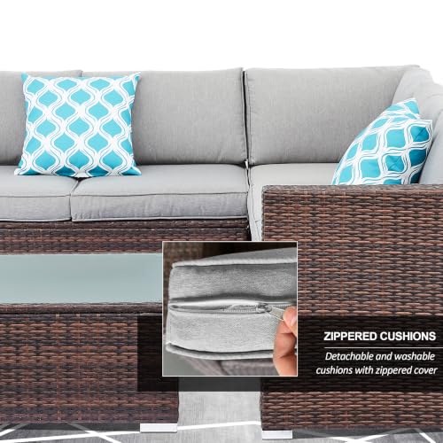 HOMEZILLIONS 6 Piece Outdoor Patio Furniture Sets, Modular Wicker Sectional Patio Furniture with Tempered Glass Coffee Table, Outdoor Sectional Sofa Set for Backyard, Poolside, Deck