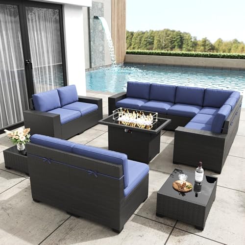 KHOLH Patio Furniture Set with Fire Pit Table, 13 Pieces Outdoor All-Weather Wicker Conversation Sectional Chair Sofa Set