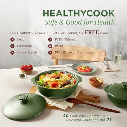 MINH LONG 3-Qt Porcelain Dutch Oven with Lid – Lead & Cadmium Free, Oven Safe to 482°F, Heat Retention, Clay Pot for Cooking on Gas & Infrared Cooktop, Use to Marinate, Cook, Bake, Refrigerate & Serve