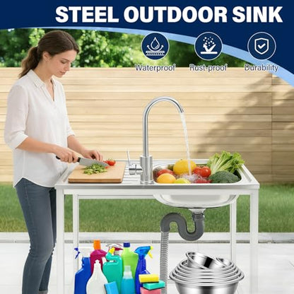 Versatile Outdoor Sink with Hose Hook Up – Heavy-Duty Stainless Steel Sink with Hose Hook Up, Large Basin, Storage Shelf & Quick Drain, Perfect for Gardens, Food Trucks, Restaurants