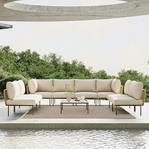 Vakollia 9 Piece Modern Outdoor Rope Wicker Sectional Set, Patio L-Shaped Conversation Sofa Set with Deep Seating with Thick Cushions