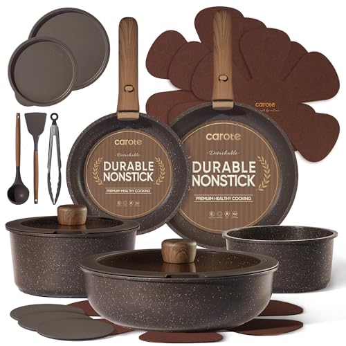 CAROTE 21PCS Pots and Pans Set Non Stick with Detachable Handle, Nonstick Cookware Sets, Cooking Kitchen Set, Oven/Dishwasher Safe, Induction Cookware, Brown, RV Kitchen Pot and Pan