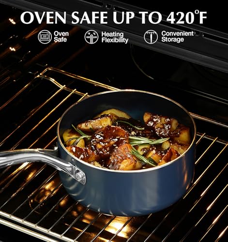 KOCH SYSTEME CS Nonstick Sauce Pan with Lid, 1 Quart Saucepan with Lid, 1 QT Nonstick Ceramic Small Sauce Pan with Stainless Steel Handle, Non-Toxic Ceramic Saucepan, Oven Safe, Gradient Blue