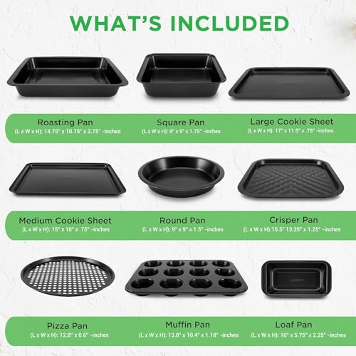 NutriChef 10-Piece Non-Stick Baking Set – Heavy-Duty Carbon Steel Bakeware Set w/ Cookie Sheets, Muffin Pan, Roasting Pan, Cake Pan, Baking Tray, Pizza Pan – Effortless Food Release & Easy Cleanup
