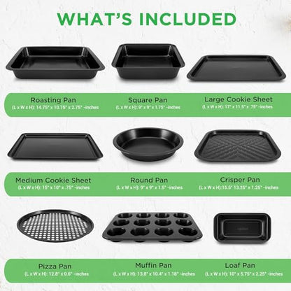 NutriChef 10-Piece Non-Stick Baking Set – Heavy-Duty Carbon Steel Bakeware Set w/ Cookie Sheets, Muffin Pan, Roasting Pan, Cake Pan, Baking Tray, Pizza Pan – Effortless Food Release & Easy Cleanup