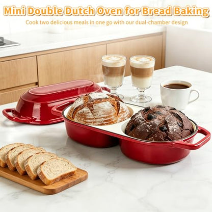 Mini Double Dutch Oven For Sourdough Bread Baking, 2.2QT Enameled Cast Iron Dutch Oven Pot With Lid, Non Stick Dual Round Bread Loaf Pan, 500°F Oven Safe, Sourdough Baking Pan For Homemade Baking