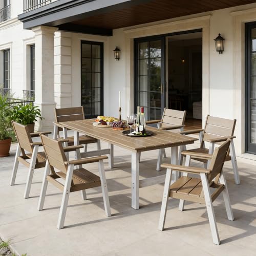 Polyhouz Outdoor Dining Set,7-Piece Patio Table and Chairs Set for 6, HDPE Outdoor Dining Table and Chairs with Umbrella Hole, All-Weather Patio Dining Furniture Set,White Brown