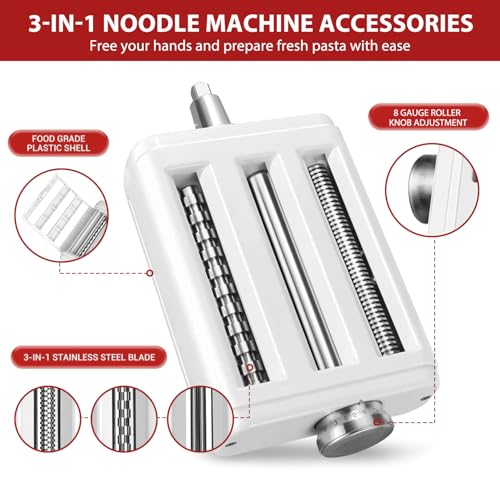 Pasta Maker Attachment for Kitchenaid/ Cuisinart Mixers, Noodle Maker 3 in 1 Set of Pasta Roller Fettuccine Cutter Spaghetti Cutter and Cleaning Brush, Electric Pasta Makers White