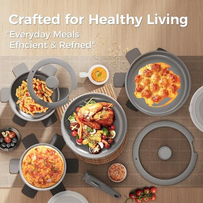 Sanho 21-Piece Pots and Pans Set, Healthy Ceramic Nonstick Cookware with Detachable Handles, Induction RV Kitchen Set, Dishwasher & Oven Safe, Gray