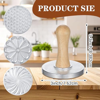 3PCS Aluminum Alloy Cookie Press Embossing Stamps with 5-Piece Round Stainless Steel Fluted Mousse Rings Set, Wood Handle Metal Mold Cutter Tools for DIY Baking Cookies Cakes Pastries Decorating