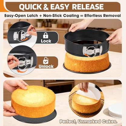 MASSUGAR 4 7 9 Inch Springform Pan Cheesecake Pan with Silicone Protector, 50 Pcs Parchment Paper Liners, 3 Cake Scrapers, Leakproof Round Cake Pan for Baking in Water Bath Nonstick Spring Form Pan