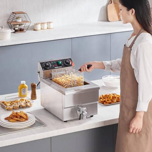 VEVOR Commercial Deep Fryer, 1500W Electric Countertop Fryer with Basket, 11.6Qt / 11L Stainless Steel Single Oil Fryer with Time & Temp Control, Overheat Protection, for Kitchen Restaurant Use