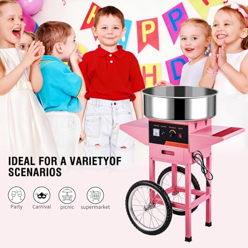 Commercial Cotton Candy Machine, 1000W Electric Floss Maker, Cotton Candy Machine With Stainless Steel Sugar Scoop And Drawer, For Carnival, Kids Birthday, Family Party,Pink W/Cart
