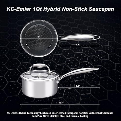 KC-Emier 1-Quart Nonstick Saucepan with Lid, Tri-Ply Stainless Steel Pot with Stay-Cool Handle & All Cooktop Compatibility (Gas, Ceramic, Electric) - Non-Stick