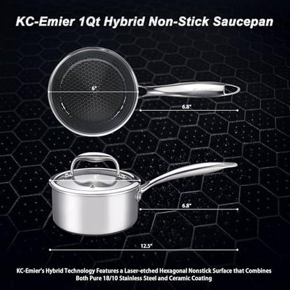 KC-Emier 1-Quart Nonstick Saucepan with Lid, Tri-Ply Stainless Steel Pot with Stay-Cool Handle & All Cooktop Compatibility (Gas, Ceramic, Electric) - Non-Stick