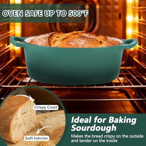 P&P CHEF Oval Dutch Oven with Lid, Enameled Cast Dutch Oven Pot for Bread Baking, Braising, Stewing, Roasting, Non-Stick & Oven Safe, Dual Handles & Easy Clean, 7QT & Dark Green, Valentine's Day