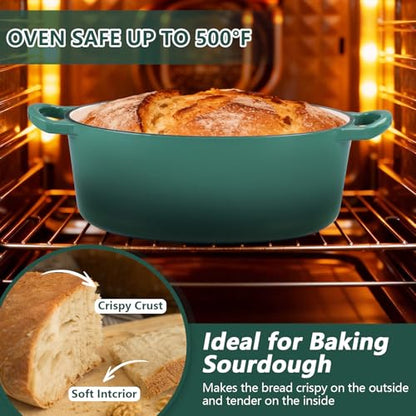 P&P CHEF Oval Dutch Oven with Lid, Enameled Cast Dutch Oven Pot for Bread Baking, Braising, Stewing, Roasting, Non-Stick & Oven Safe, Dual Handles & Easy Clean, 7QT & Dark Green, Valentine's Day